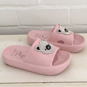 Girls Pink Slide Sandals With Rhinestone Panda Design Size 11